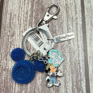 NEW Disney Parks Mickey Mouse Blue Keychain Mickey Head Charm Heart & Mickey